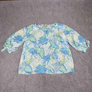 Island Republic Blouse‎ Womens L Blue Tropical Hawaiian Sheer Tie Sleeves Boho